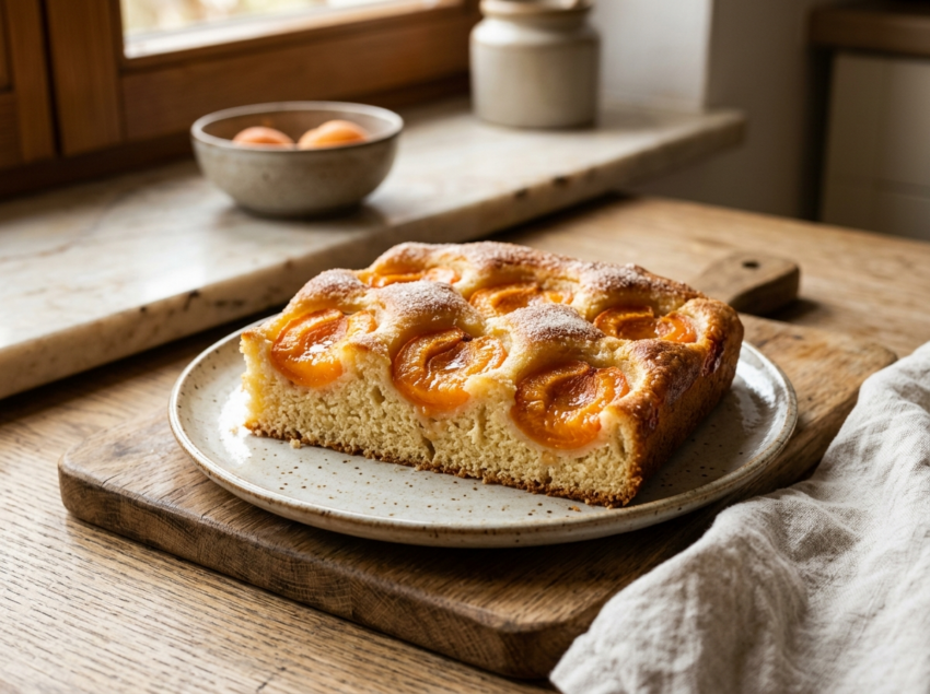 Austrian apricot sheet cake with rows of caramelized apricot halves on soft yeast dough, dusted with vanilla sugar