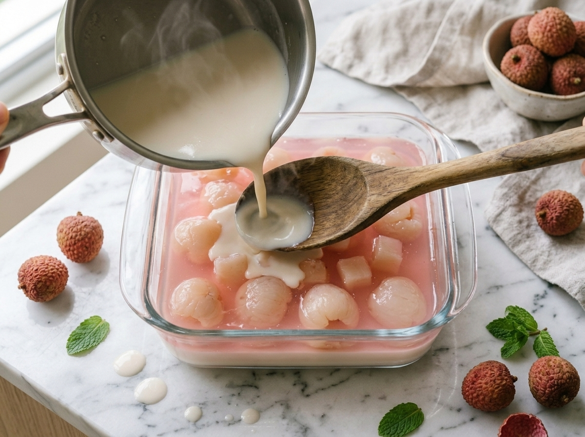 Coconut milk jelly mixture being poured over a partially set lychee agar layer in a glass dish on a kitchen counter