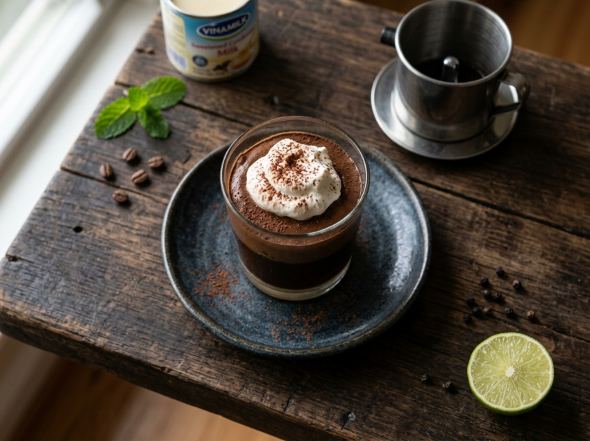 Four glass cups of Vietnamese coffee mousse topped with whipped cream and cocoa powder next to a phin coffee filter