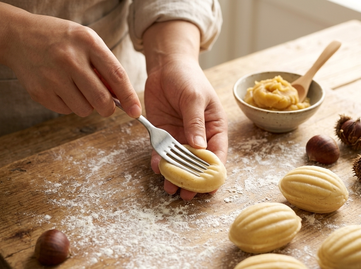 Hands pressing fork ridges into a shaped Korean chestnut pastry dough piece on a floured wooden board