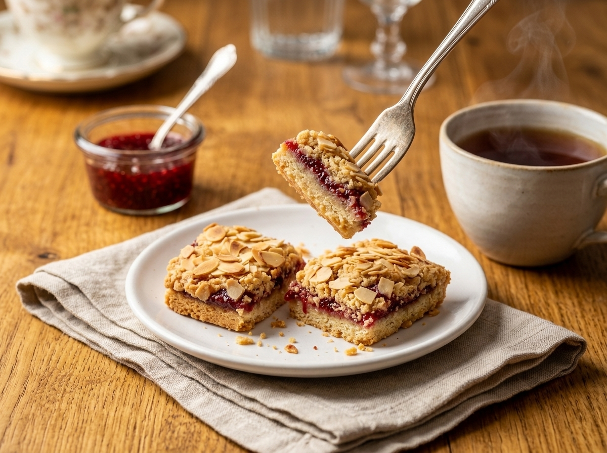 Two raspberry almond tea bars on a white plate beside a cup of tea with linen napkin on wooden table