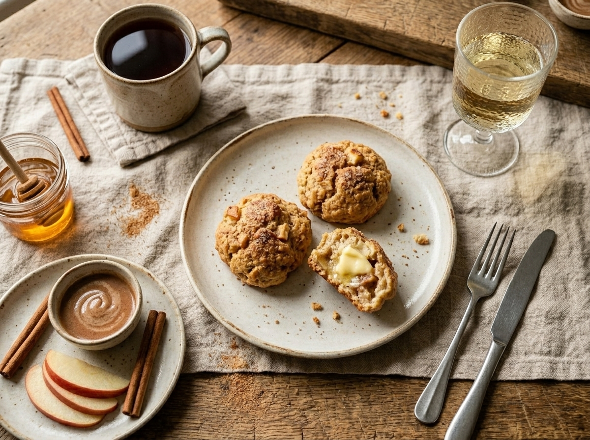 Two apple cinnamon tea buns on a white plate with melting butter, served alongside a mug of black tea on a linen cloth.
