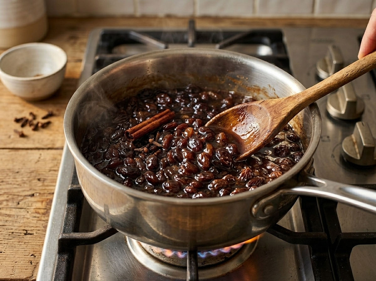 Thick raisin pie filling simmering in a saucepan with a wooden spoon stirring the glossy cinnamon-spiced mixture