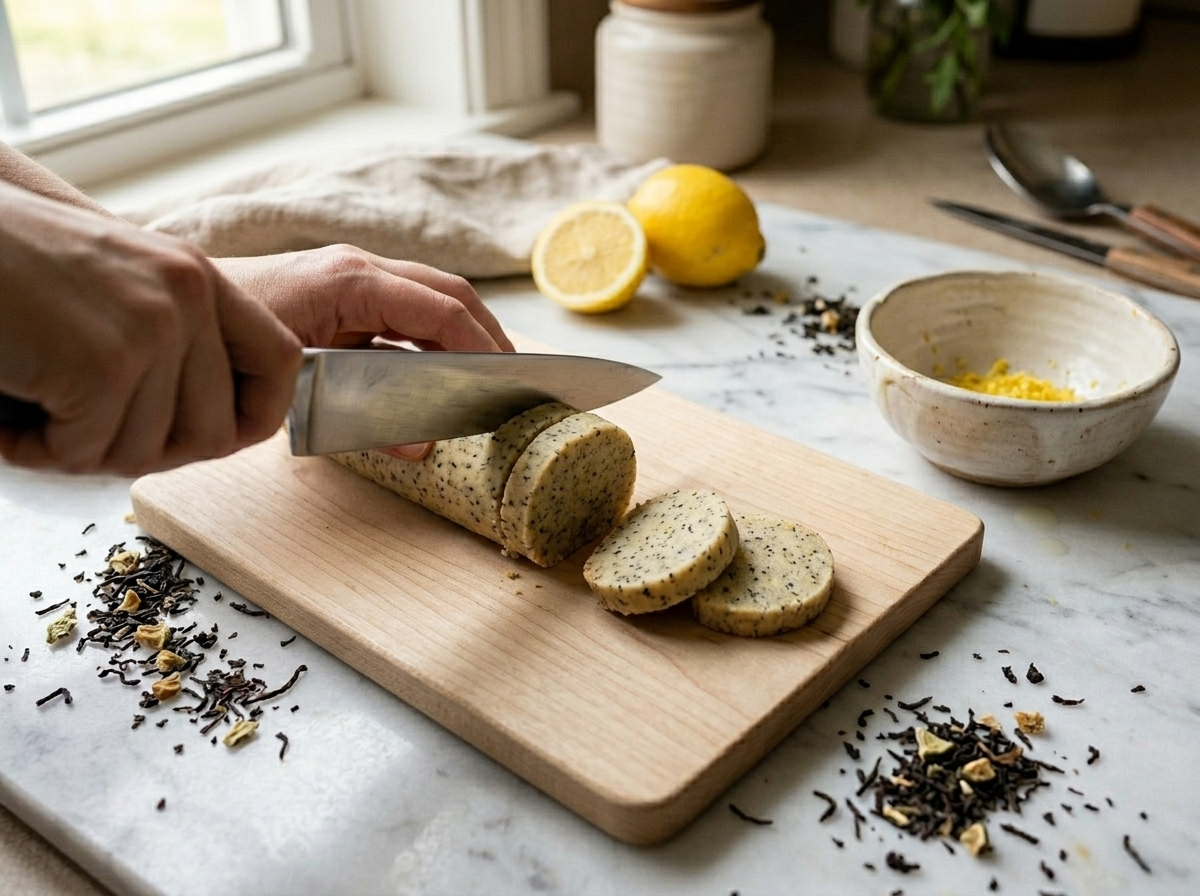 Slicing a chilled Earl Grey shortbread dough log into rounds on a wooden board, tea flecks visible