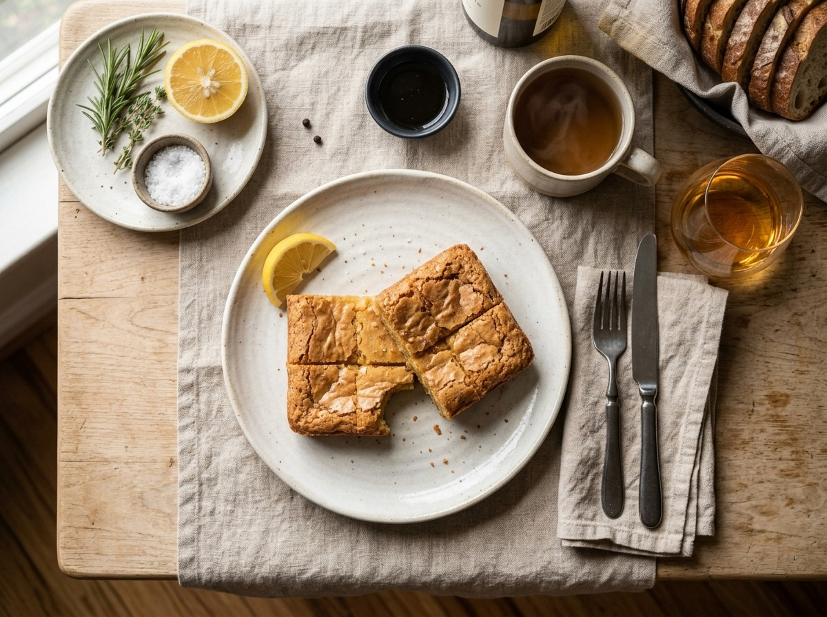 Two honey butter mochi cake squares on a wooden board beside a ceramic cup of hojicha tea in warm light