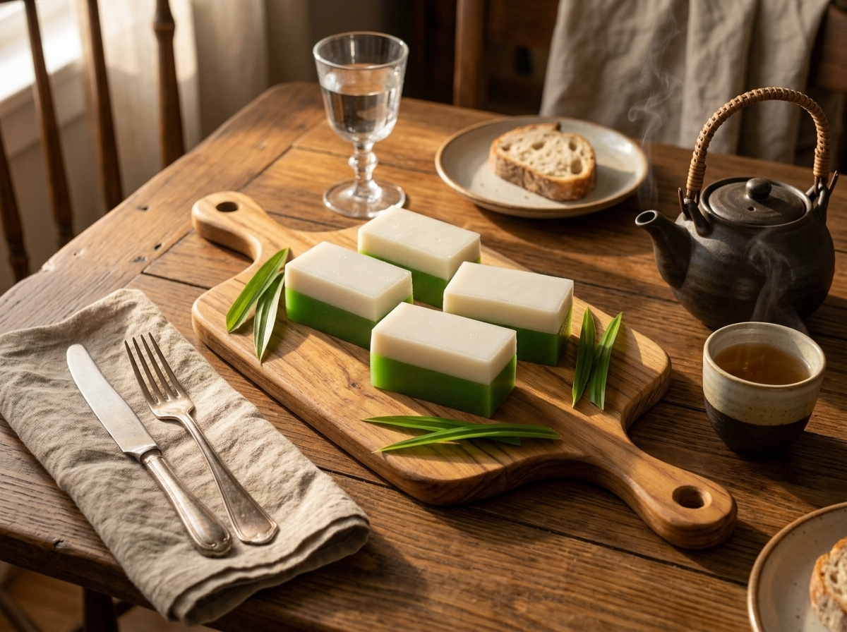 Four slices of pandan coconut jelly cake on a wooden board served alongside a cup of jasmine tea