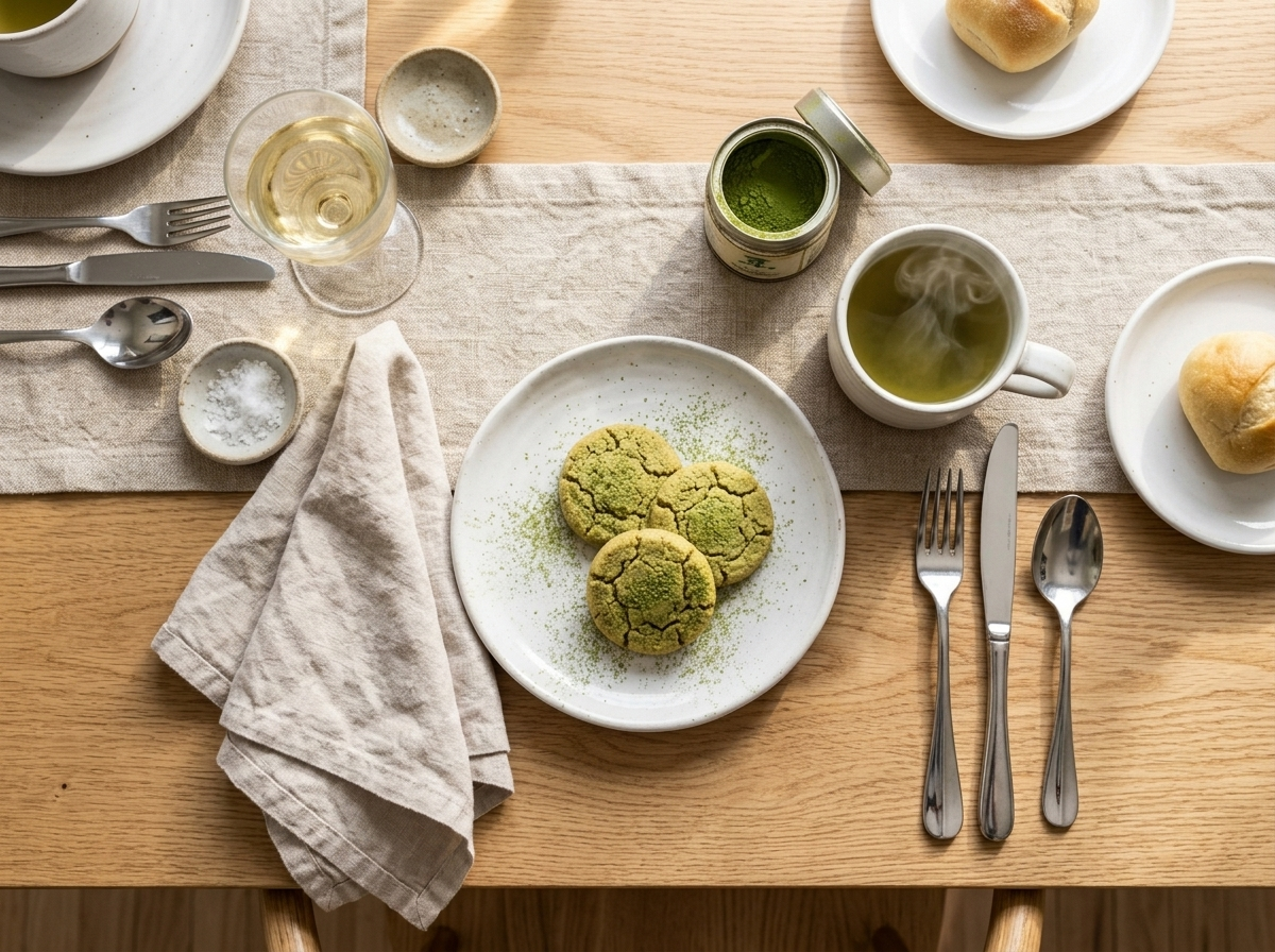 Three matcha butter cookies on a white plate next to a steaming cup of sencha tea on an oak table