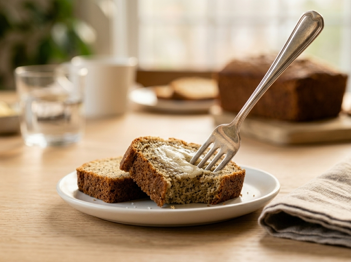 Two slices of vanilla spice loaf cake on a white plate with butter and a steaming mug of coffee