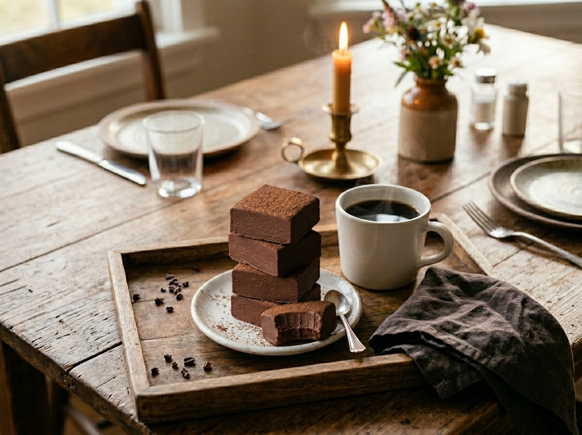 Plate of old fashioned cocoa fudge squares beside a mug of black coffee on a rustic wooden tray