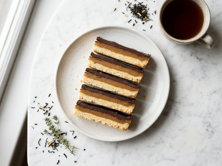 Black tea caramel slices stacked on marble showing shortbread, Earl Grey caramel, and dark chocolate layers