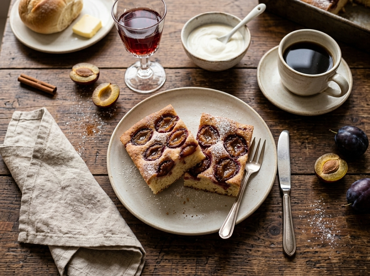 Two slices of Polish plum cake with visible plum juices served alongside a cup of black coffee on a marble surface.