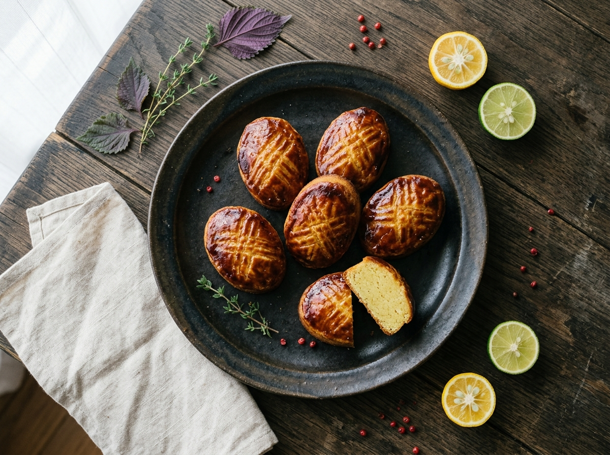 Six Japanese sweet potato cakes with deep golden crosshatch glaze on a dark ceramic plate, one sliced open to show pale yellow interior