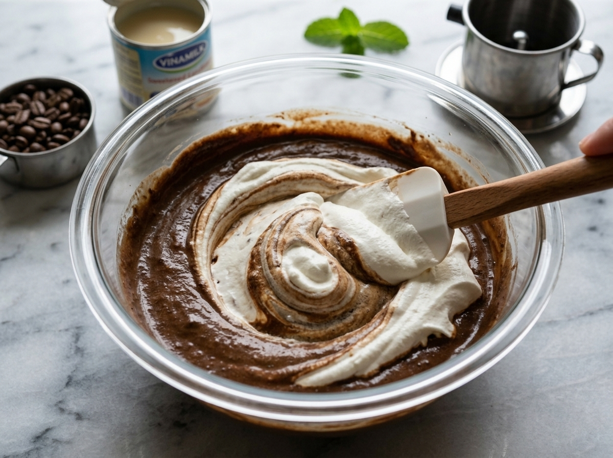 Whipped cream being folded into dark Vietnamese coffee and condensed milk mixture in a glass bowl
