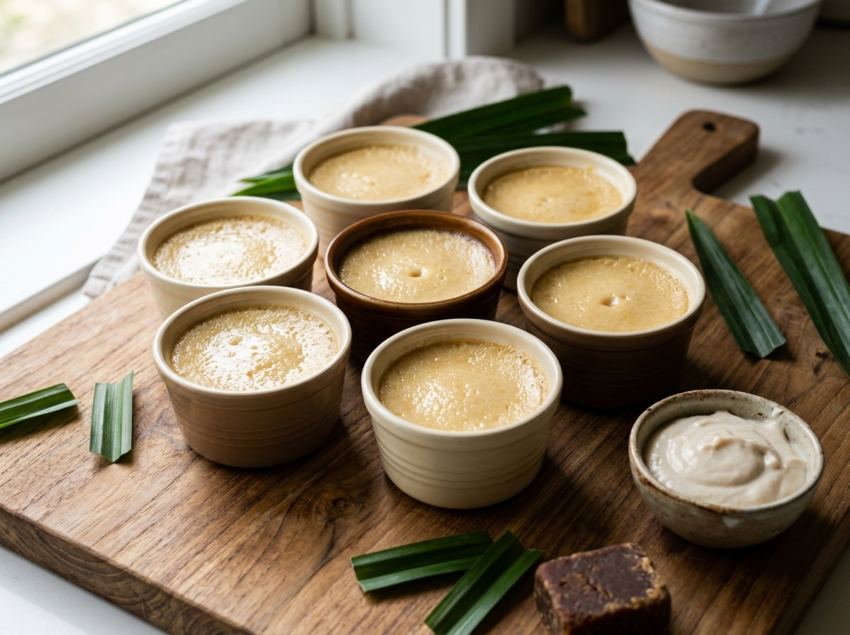 Six ceramic ramekins of Thai coconut custard cups with pandan leaves and palm sugar on a teak board