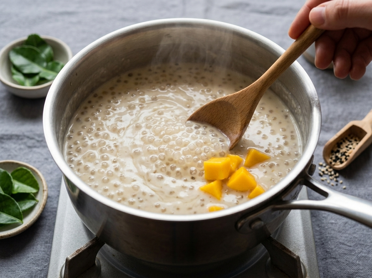 Tapioca pearls stirring in simmering coconut milk in a saucepan, wooden spoon mid-stir with steam rising