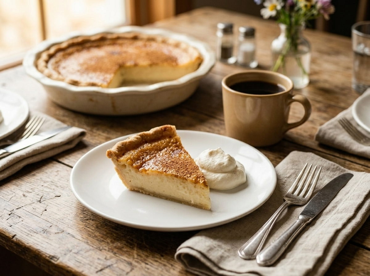 Single slice of Indiana sugar cream pie on white plate with whipped cream and a cup of black coffee