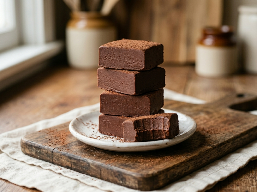 Stack of old fashioned cocoa fudge squares with a dense matte finish on a white plate, one piece broken open