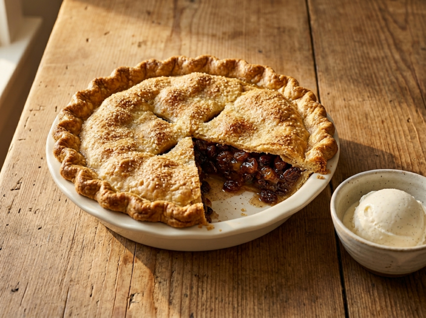 Old fashioned raisin pie in a ceramic dish with one slice pulled out showing thick glossy spiced raisin filling