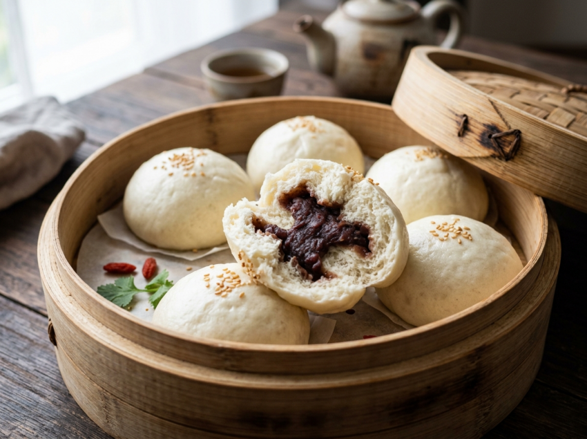 Six white sweet red bean steamed buns in a bamboo steamer, one torn open to show smooth dark red bean filling