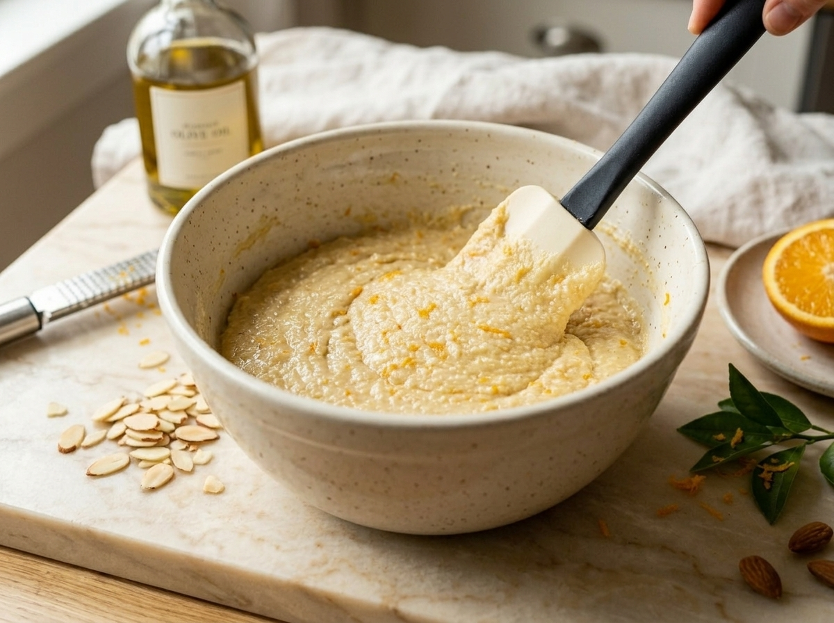 Rubber spatula folding orange-zested almond flour batter in a mixing bowl for Spanish olive oil cake