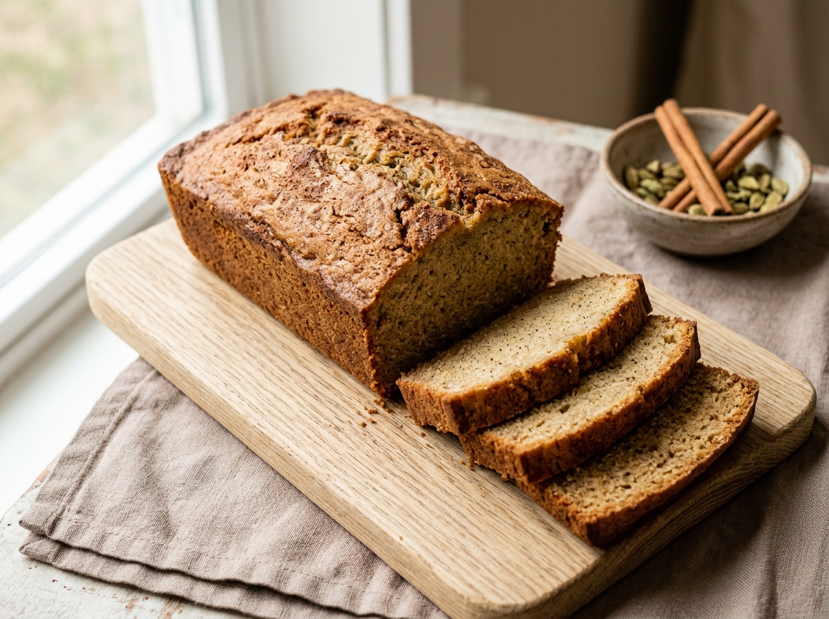 Sliced vanilla spice loaf cake on a wooden board showing a golden crumb with cinnamon and cardamom spices nearby