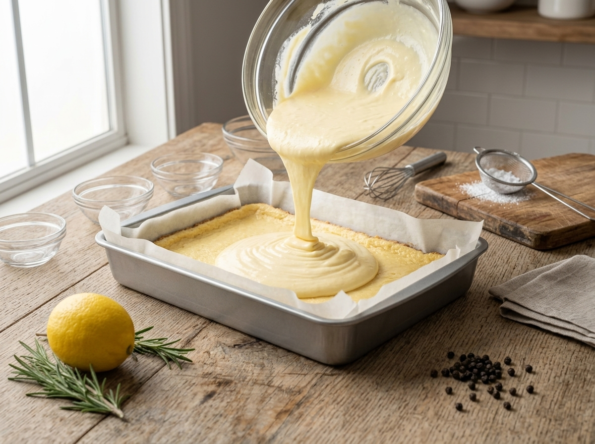 Cream cheese filling being poured over pressed yellow cake mix crust in a parchment-lined baking pan before baking