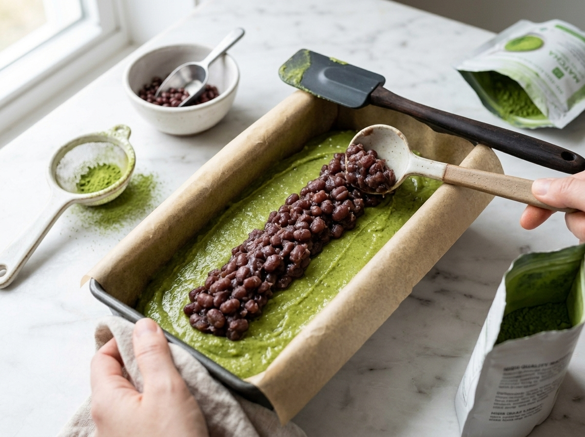 Red bean paste spooned into raw matcha batter in a parchment-lined loaf pan before baking