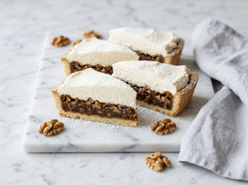 Swiss nut cream slices on marble showing layered walnut caramel filling, shortcrust base, and whipped cream top