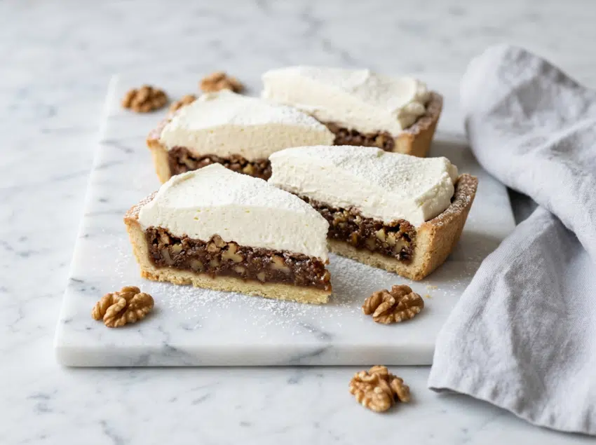 Swiss nut cream slices on marble showing layered walnut caramel filling, shortcrust base, and whipped cream top