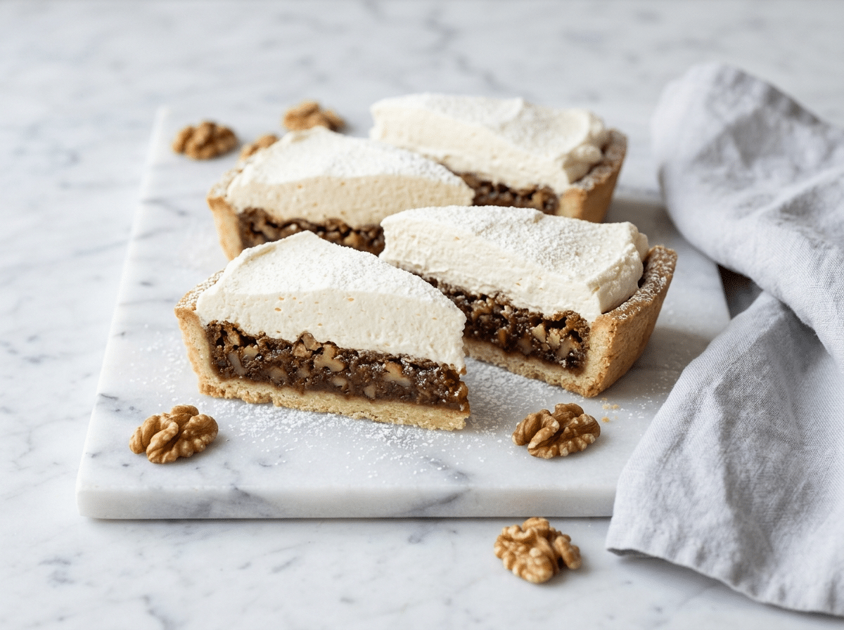 Swiss nut cream slices on marble showing layered walnut caramel filling, shortcrust base, and whipped cream top