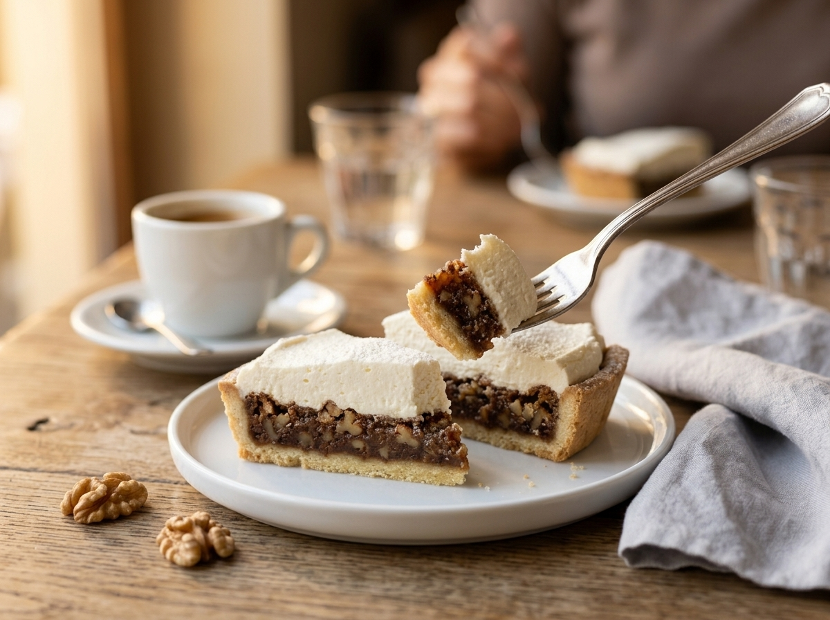 Two Swiss nut cream slices plated on white ceramic beside an espresso cup on a wooden table
