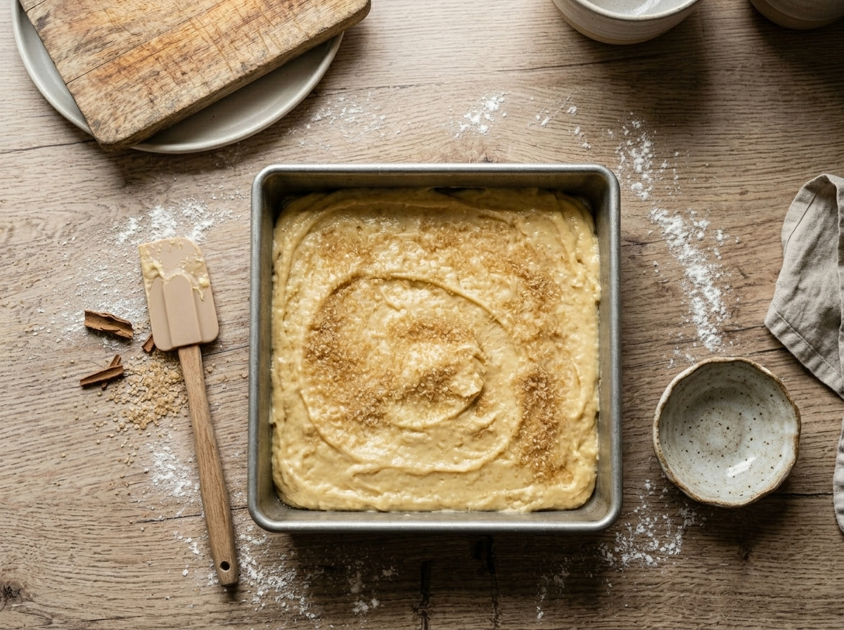 Granulated sugar being sprinkled over raw buttermilk cake batter in a square pan before baking