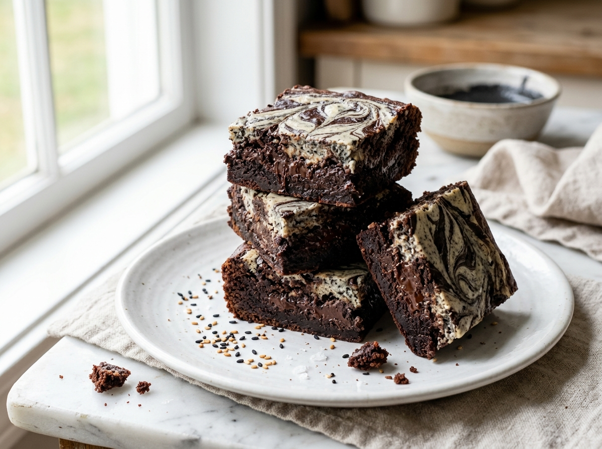 Stack of three fudgy black sesame swirl brownies on marble with grey marbled swirl pattern on top and sesame seeds