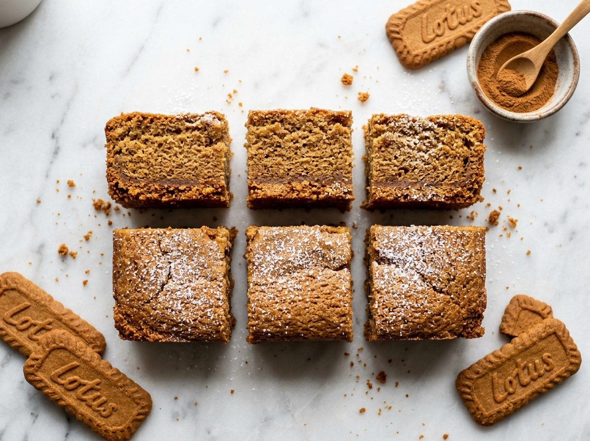 Belgian speculoos cake bars on marble with a crisp biscuit base and spiced sponge, dusted with powdered sugar