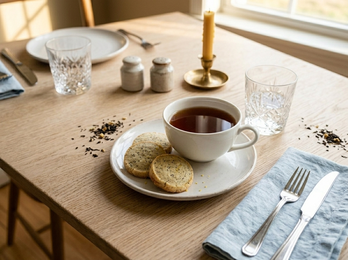 Three Earl Grey shortbread cookies on a saucer beside a cup of brewed Earl Grey tea on a linen napkin
