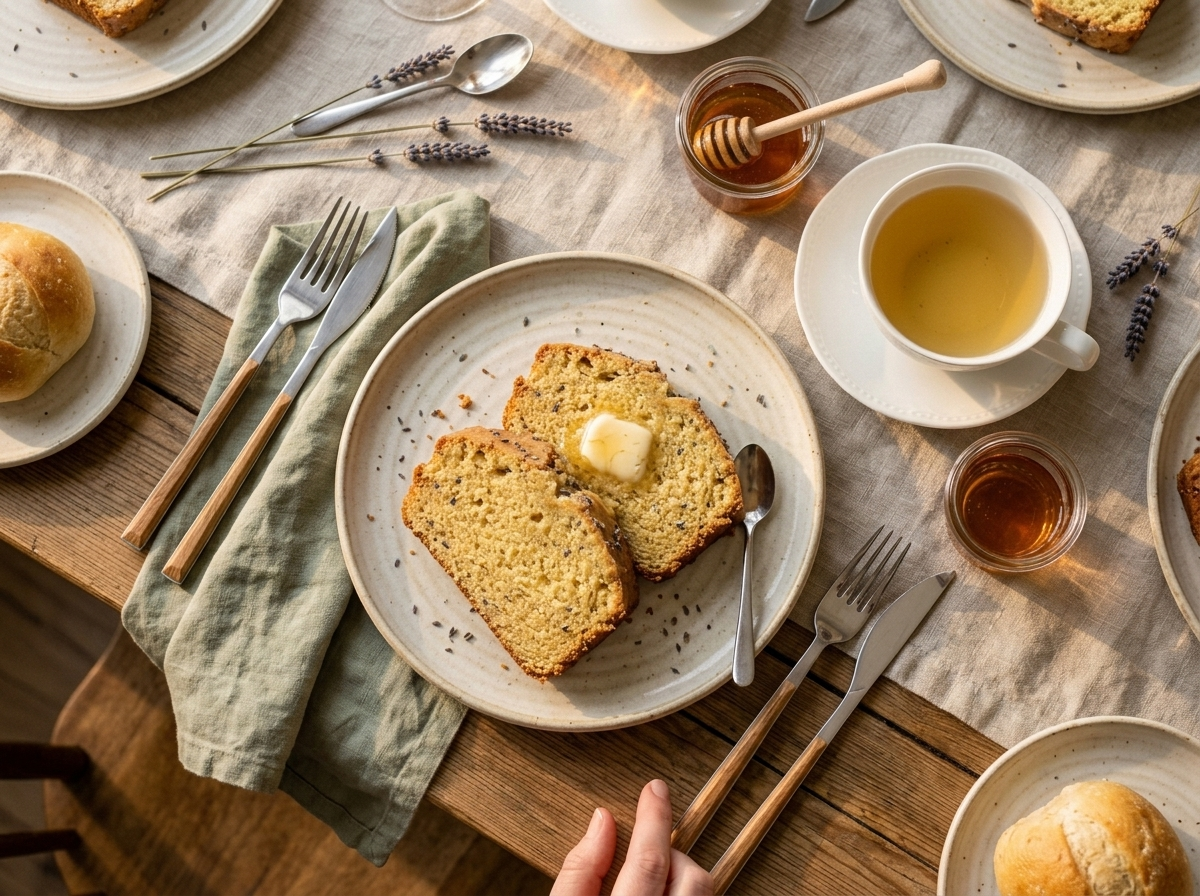Two slices of honey lavender tea loaf on a plate with chamomile tea and a small honey jar