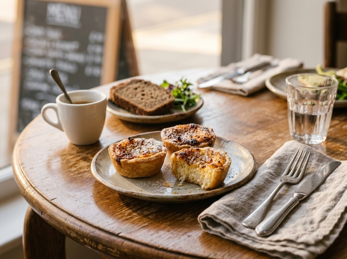 Three queijadas de coco on a rustic plate next to an espresso, one tartlet broken open to show the dense coconut custard inside