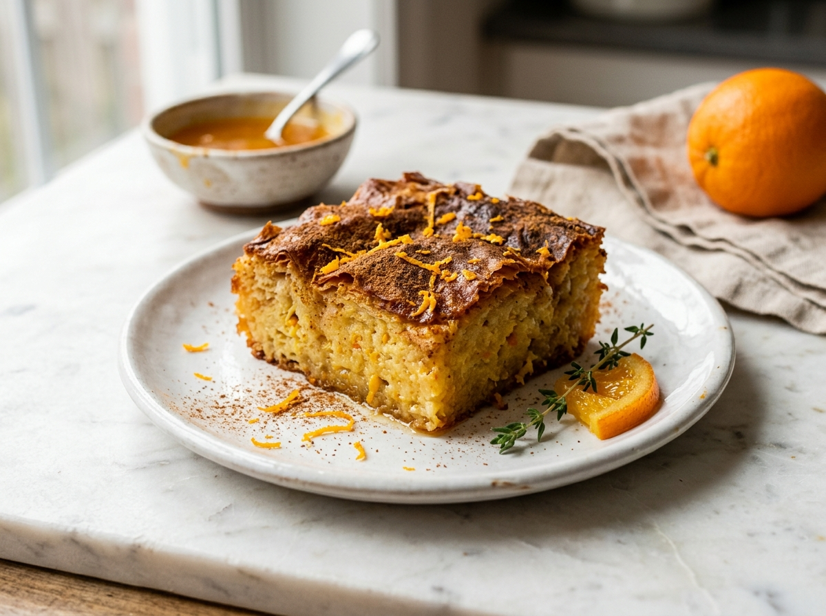 Close-up of a slice of Greek orange phyllo cake with golden top and orange zest garnish on a white plate
