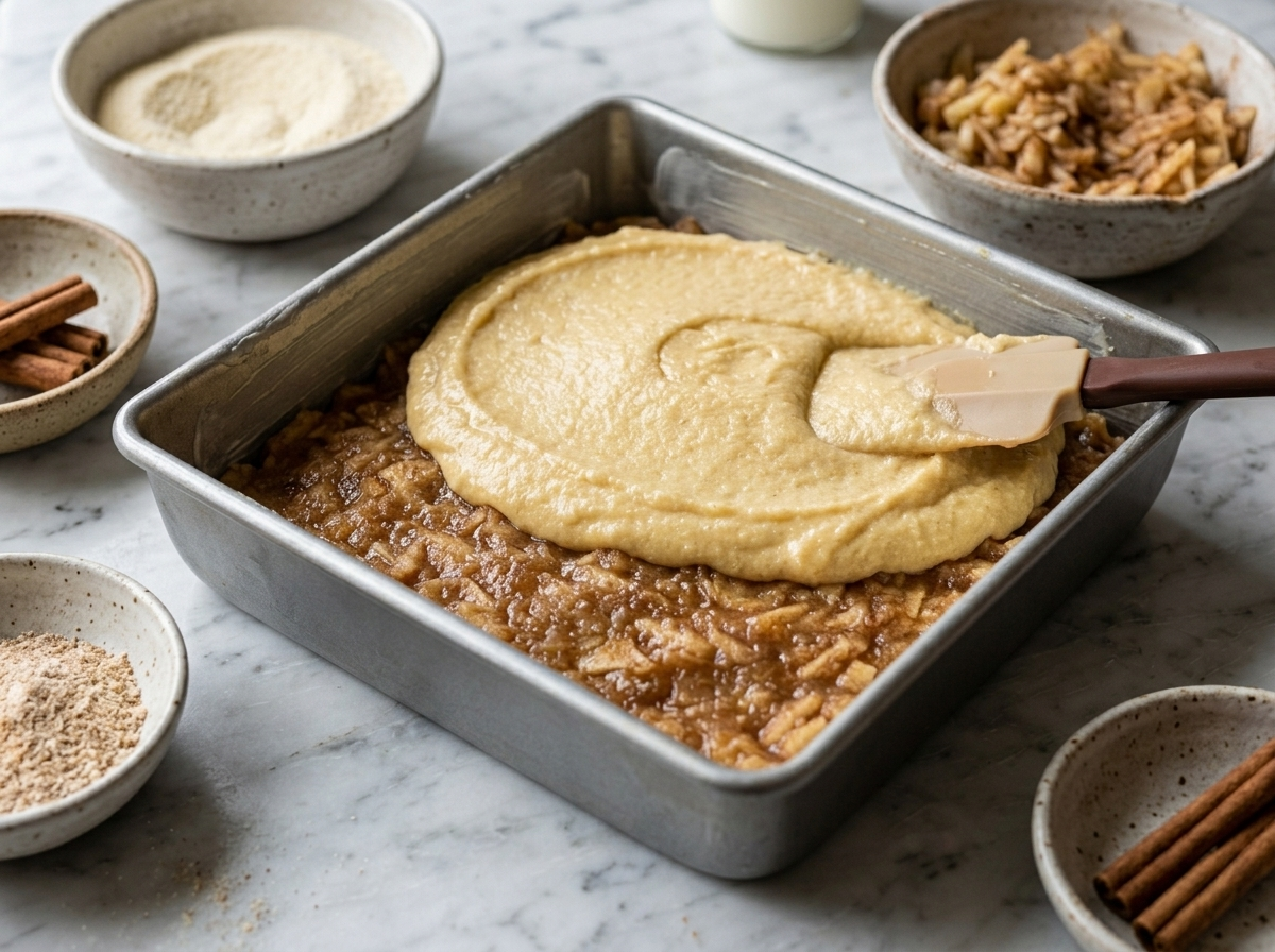 Spreading cooked semolina over grated cinnamon apple layer in a square baking dish before baking