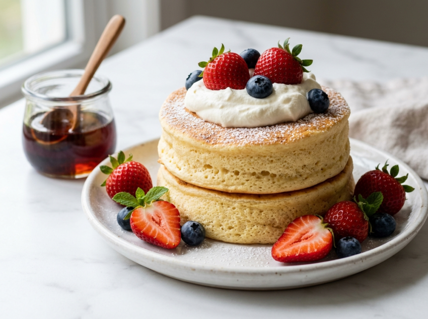 Two tall Japanese soufflé pancakes stacked on a white plate with whipped cream, fresh berries, and powdered sugar