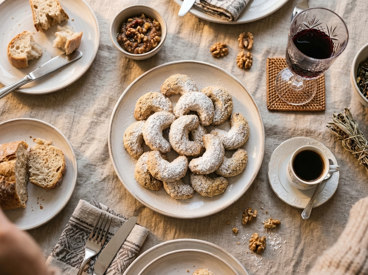 Plate of Croatian walnut crescent cookies with powdered sugar beside a cup of black coffee on a linen tablecloth