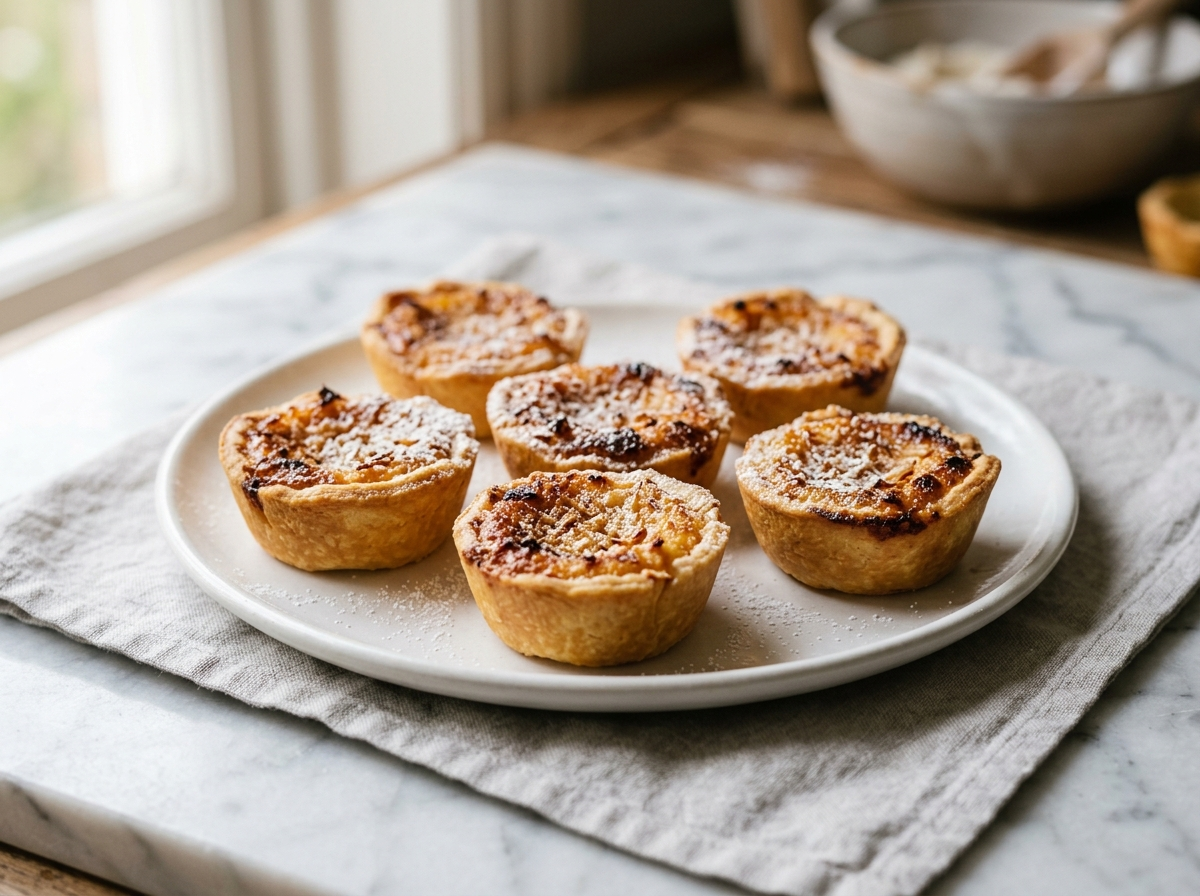 Six golden Portuguese coconut tartlets dusted with icing sugar on a white plate, crisp shortcrust shells with brown coconut custard filling