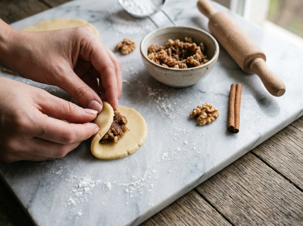 Hands rolling buttery dough around spiced walnut filling on a floured marble surface to shape Croatian crescent cookies