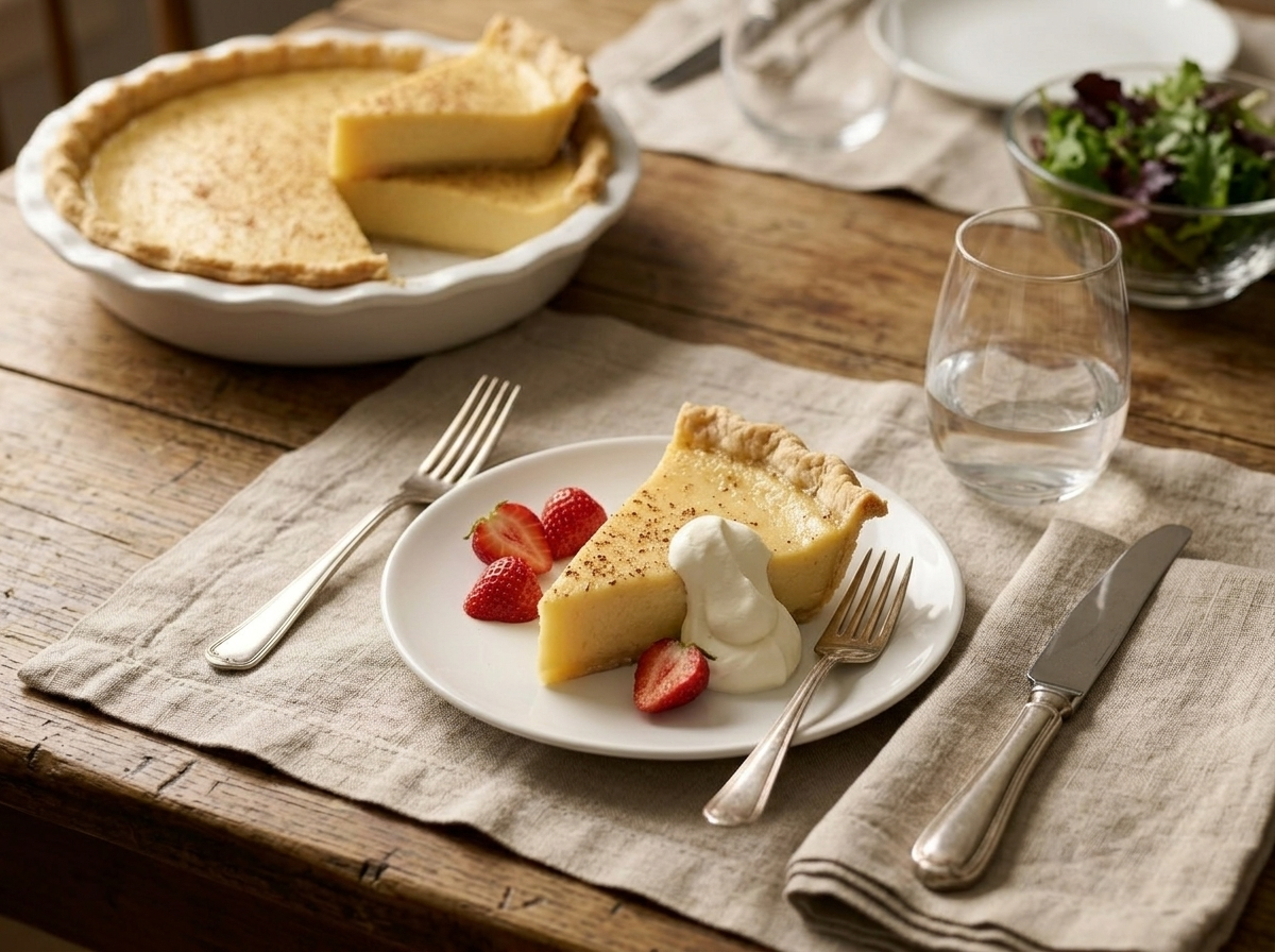 Single slice of baked custard pie on a white plate with whipped cream and fresh strawberries on the side