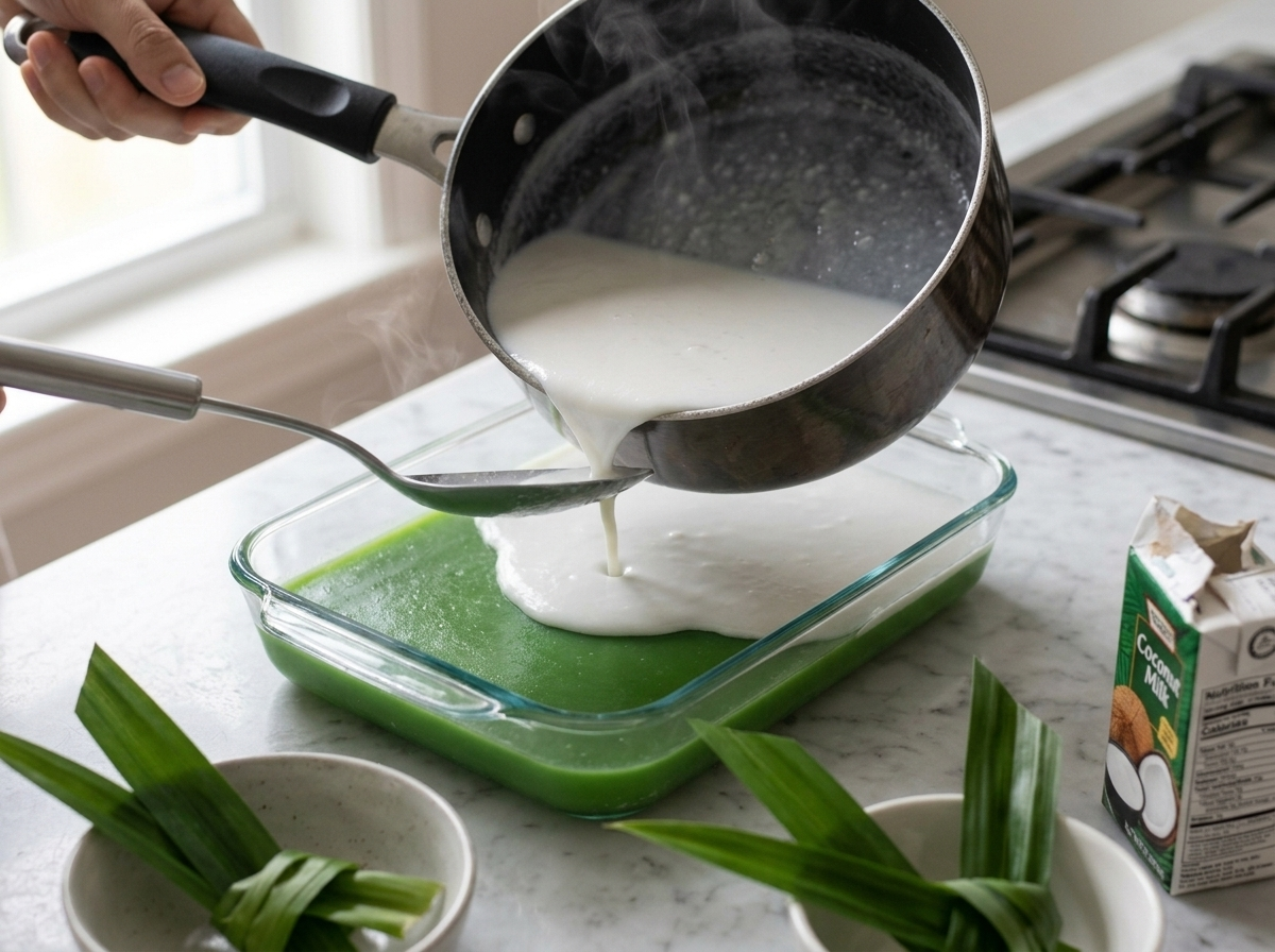 Coconut milk layer being poured gently over set green pandan jelly in a rectangular mold on a kitchen counter