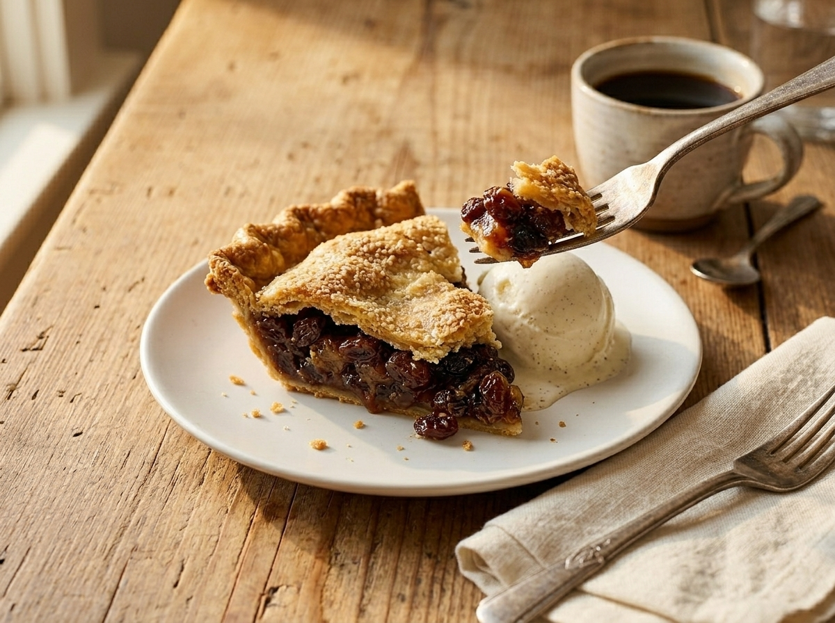 Slice of old fashioned raisin pie on a white plate with vanilla ice cream and a cup of black coffee alongside