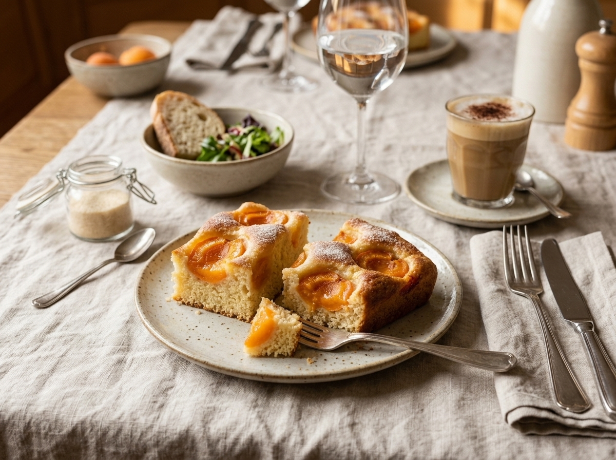 Two slices of Austrian apricot sheet cake on a ceramic plate with a cup of coffee alongside