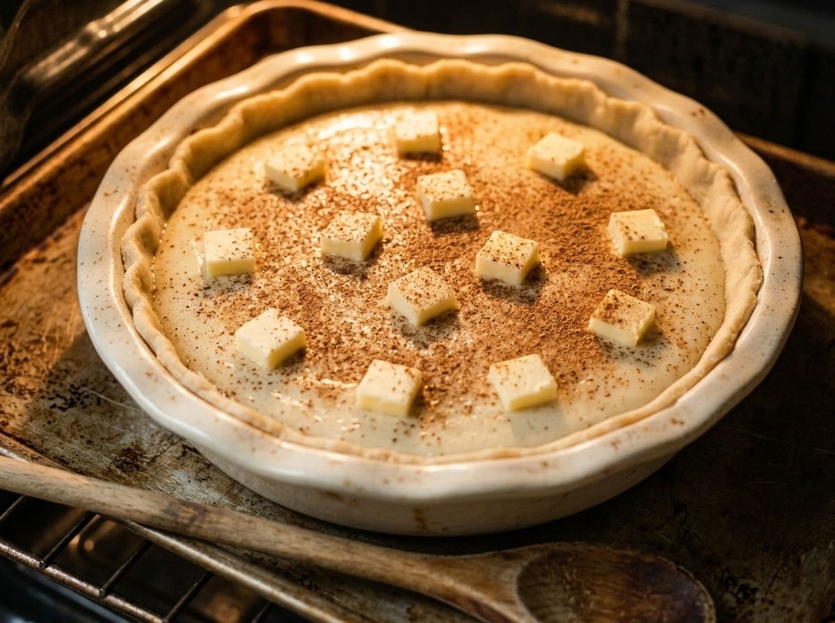 Sugar cream pie filling dotted with butter cubes and dusted with cinnamon, baking in oven until edges set
