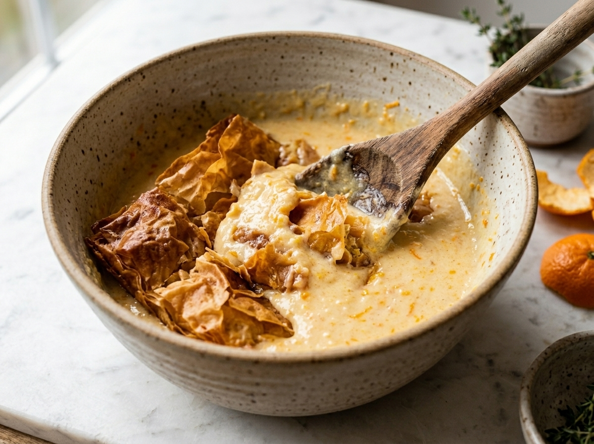 Crumbled phyllo sheets being folded into orange yogurt cake batter in a ceramic mixing bowl