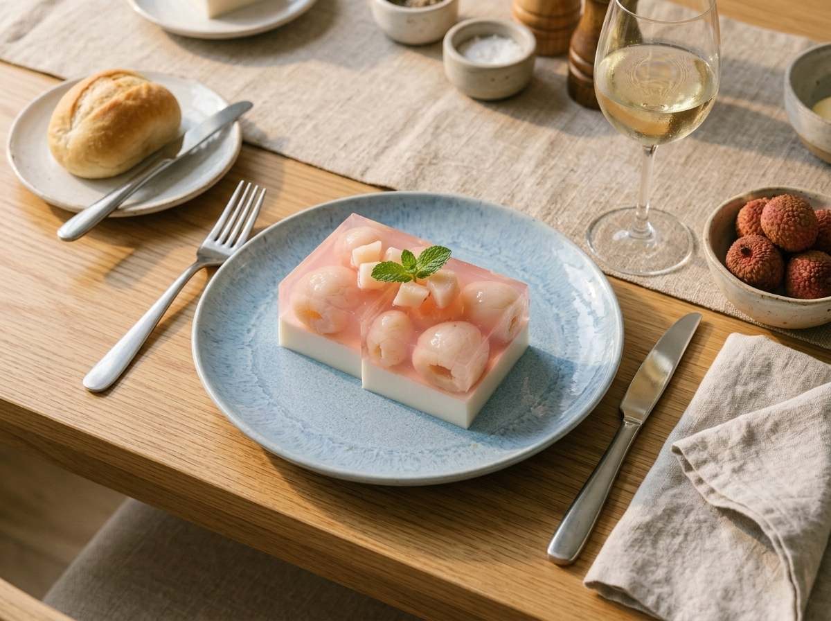 Three lychee coconut jelly slices on a blue ceramic plate with fresh lychees and iced jasmine tea alongside